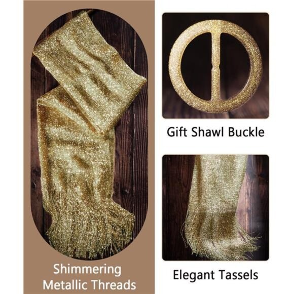 Gold Sparkling Metallic Shawls and Wraps with Buckle, for Evening Dresses Party - Picture 5 of 6